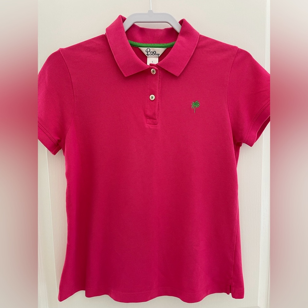 Lilly Pulitzer bright pink polo with green accents, size Large